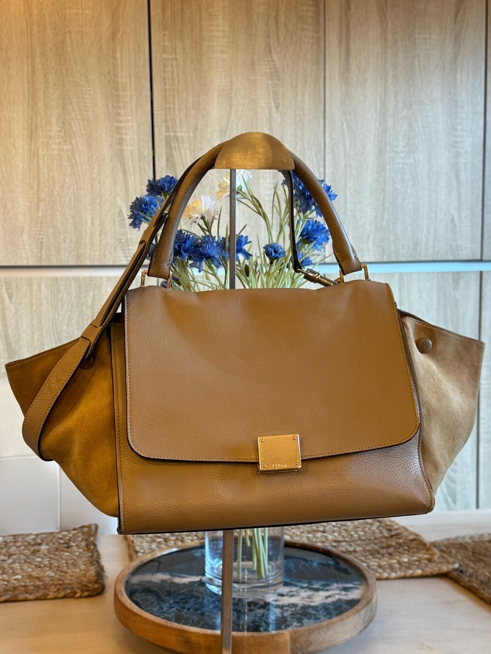 Authentic CELINE Small Trapeze Bag Dune Grained Leather Suede Shoulder Satchel
